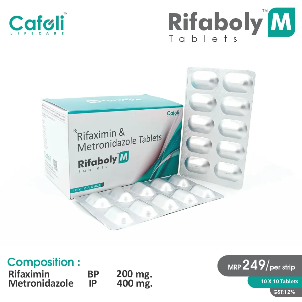 Rifaximin + Metronidazole Tablet at the best price in PCD Pharma Franchise for Bacterial Infection Treatment.